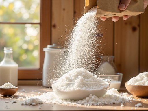新鲜包装的大米产品,透明包装袋显示颗粒饱满的白米,包装上有品牌标识和营养成分说明,摆放在木质桌面上